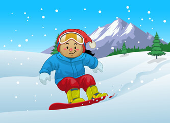 Happy Cartoon girl playing snowboard