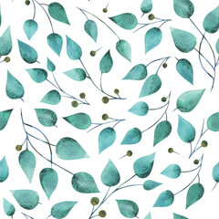 Watercolor mint blue green leaves seamless pattern 