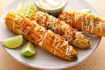 Plate with delicious Elote Mexican Street Corn and mayonnaise on beige background, closeup