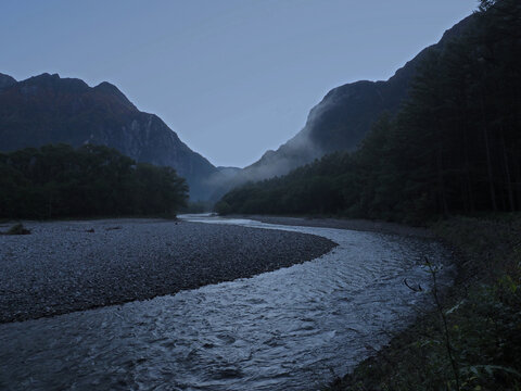 hodaka mountains and azusa river in before sunrise