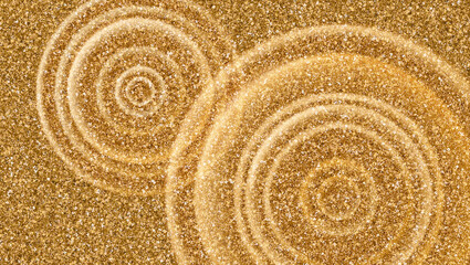 Water circles from drops on background of golden sand. Glittering background for product display. Vector illustration.