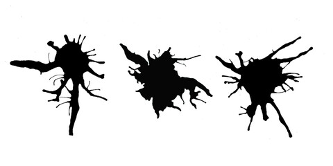 Abstract of a set of black ink splash,splasstor, brush stroke,black ink blot isolated on white background.	