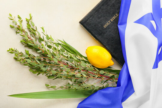 Sukkot festival symbols, Bible and flag of Israel on light background