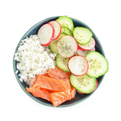 Bowl with tasty rice, salmon and vegetables on white background