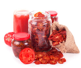 dried tomatoes on wooden background, top view