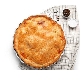 Baking dish with tasty chicken pot pie on white background