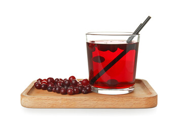 Glass with healthy cranberry juice on white background