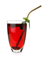 Glass with healthy cranberry juice on white background
