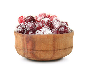Bowl with tasty sugared cranberries on white background
