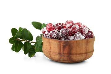 Bowl with tasty sugared cranberries on white background