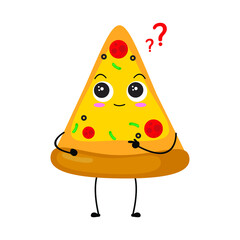 Kawaii cartoon triangular pizza slice icon. Character of cute sliced pizza bread. chibi. Illustration emoji bread man in flat style. ask, curious, question, expression