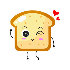 Kawaii cartoon toast bread icon. Character of sliced toast bread. chibi. Illustration emoji bread man in flat style. lovely wink