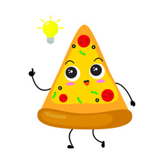 Kawaii cartoon triangular pizza slice icon. Character of cute sliced pizza bread. chibi. Illustration emoji bread man in flat style. smart, get idea, bulp