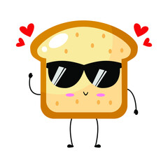 Kawaii cartoon toast bread icon. Character of sliced toast bread. chibi. Illustration emoji bread man in flat style. lovely with sunglasses