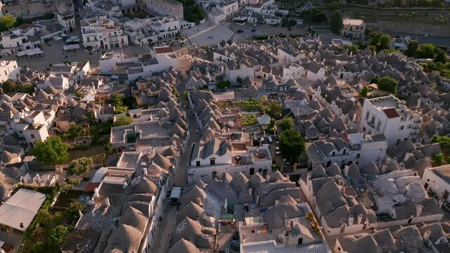 Beautiful aerial view of the traditional trulli houses in Alberobello, province Bari, region Puglia, Italy
