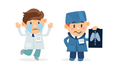 Doctor Comic Man in Uniform with Name Badge Crying and Holding X ray Vector Set