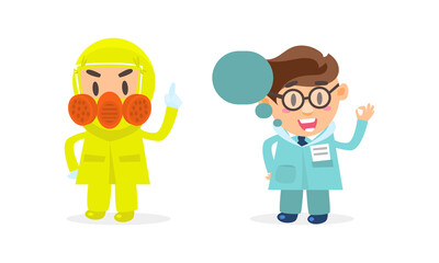 Doctor Comic Man in Uniform with Name Badge Showing Ok Hand Gesture and Wearing Protective Garment Vector Set