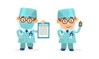 Doctor Comic Man in Uniform with Stethoscope Holding Clipboard and Vial Vector Set
