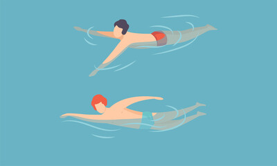 Man Floating in Blue Sea Water Moving Hands Vector Set