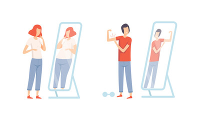 Teenager Puberty Problems with Girl Viewing Herself Fat in the Mirror and Boy Feeling Muscle Vector Set