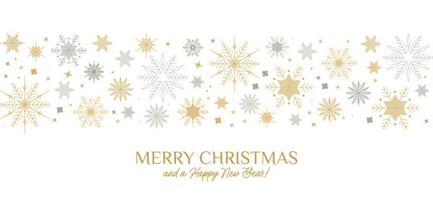 Fototapeta premium White Christmas Background with Border made of Gold Stars and Silver Snowflakes. Chic Christmas Greeting Card. Vector illustration
