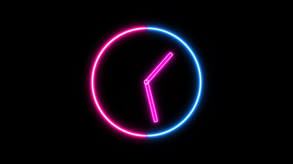 Clock Neon Sign. Illustration of Business Promotion. UI icon with neon light isolated in black background.