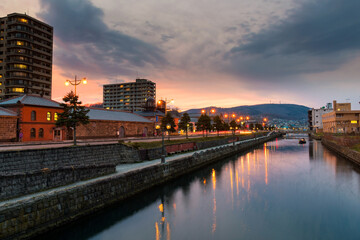 Otaru canal with tourist boats at sunset, Hokkaido