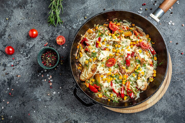 Homemade German Fried Potatoes with with onions, corn, tomatoes, bacon and cheese, Roasted potato in frying pan, banner, menu, recipe place for text, top view