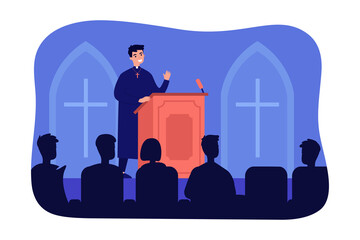 Catholic priest speaking on podium of church. Preaching of reverend father standing at tribune flat vector illustration. Religious speech concept for banner, website design or landing web page - obrazy, fototapety, plakaty