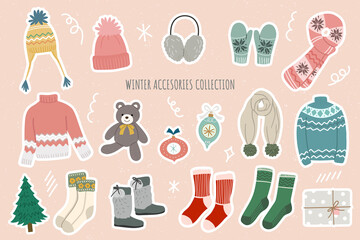 set of hand drawn fashion. winter accessories illustration collection. seasonal fashion items vector illustration.