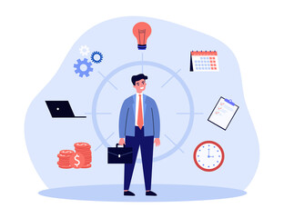 Businessman with multi skills planning work task. Man organizing workflow flat vector illustration. Time management, business productivity concept for banner, website design or landing web page - obrazy, fototapety, plakaty