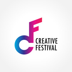 Letter CF Alphabet Initial Logo With Musical Note Design Concept. Colorful Blue Pink Purple Violet Gradient. Suitable For Artist Management Company, Community, Creative Music Festival, Content Creator - obrazy, fototapety, plakaty