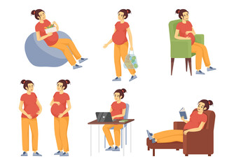 Pregnant woman lifestyle cartoon vector illustration set. Happy future mom doing different exercises like eating, reading, working, shopping. Female pregnancy concept