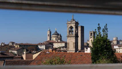 Bergamo, Italy. The old town. Landscape at the city center, the old towers and the clock towers from the ancient fortress called La rocca. Bergamo best of Italy and touristic destination