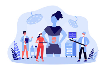 Gut medical checkup with tiny gastroenterologists. Doctors examining gastrointestinal tract of patient flat vector illustration. Medicine concept for banner, website design or landing web page