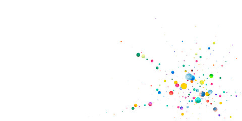 Watercolor confetti on white background. Alive rainbow colored dots. Happy celebration wide colorful bright card. Bewitching hand painted confetti.