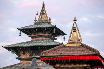 View of temple rooftops in Durbar Square in Kathmandu, Nepal.