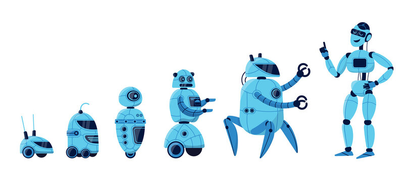 Robot evolution cartoon vector illustration set. Different models of robot characters from simple bot to humanoid android. Artificial intelligence, tech innovation, modern technologies concept