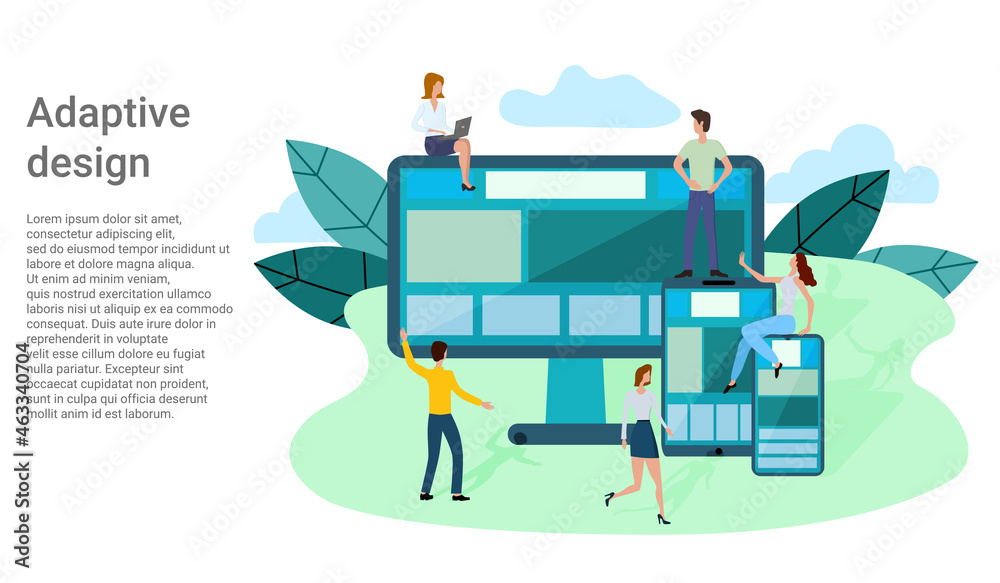 Wall mural adaptive design.people near various gadgets with different forms of adaptive design.poster of techno