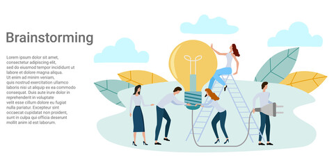 Brainstorming.People and electric lamp, development of new projects.Poster in business style.Vector illustration.