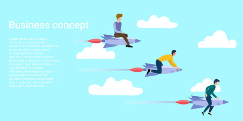 Business concept.People flying on rockets against the sky.Poster in business style.Vector illustration.