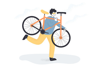 Male criminal in mask carrying stolen bicycle. Bike thief flat vector illustration. Theft, law break, crime concept