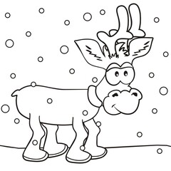 Reindeer on the mountain, vector funny illustration, coloring book for children. Black and white design.