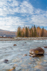 The autumn landscape of river and Hemu village, in Xinjiang province, China. - obrazy, fototapety, plakaty
