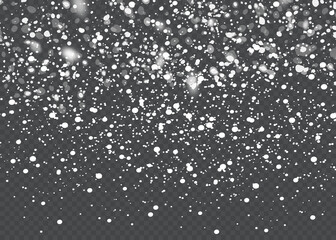 Vector falling snow effect isolated on transparent background with blurred bokeh.