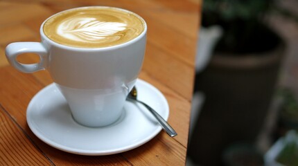Coffee with leaf pattern latte art rosetta tulip shape in white cup with ceramic plate and stainless steel spoon on wooden table