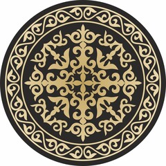 Vector round Kazakh ornament shanyrak. gold patterned circle on a black background. Nomad art, yurt decoration
