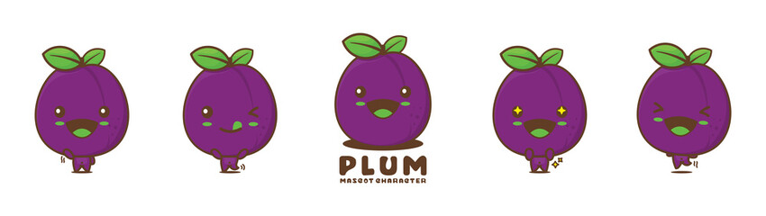 funny plum cartoon mascot, fruit vector illustration, with different facial expressions and poses