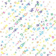 Falling letters of English language. Colorful messy sketch flying words of Latin alphabet. Foreign languages study concept. Impressive back to school banner on white background.