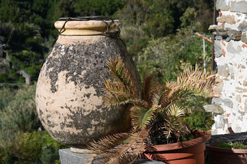 Vecchia giara per l'olio utilizzata per abellire l'ambiente turistico nel borgo di Corniglia, nelle 5 Terre